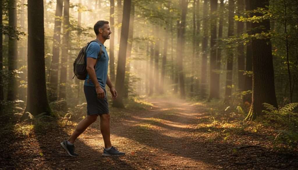 Ultra Bann A mature man in his 40s walks focused and energized on a forest trail at dawn, dressed in casual athletic clothes, shown