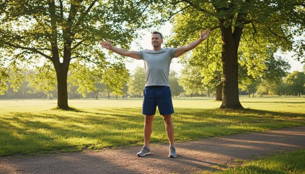 Ultra Bann A mature man over 40 with an athletic build performs a simple morning stretch in a sunny park, arms extended naturally