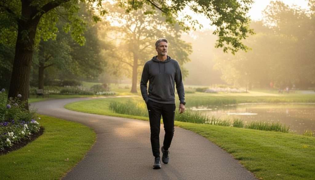 Ultra Bann A relaxed mature man over 40 in comfortable activewear walks outdoors on a park path in soft early morning light