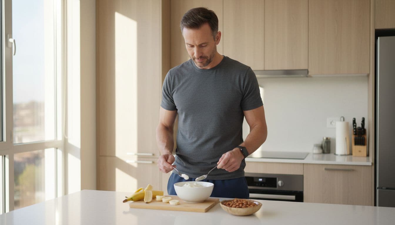 45-year-old man in modern kitchen arranges banana slices, almonds, and yogurt.