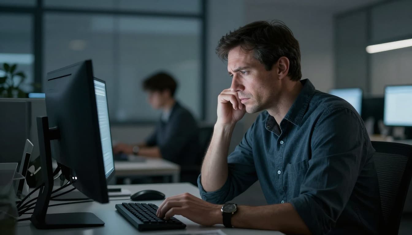 Ultra Bann Adult man aged 45-55 working night shift in modern dimly lit office, focused on computer screen with subtle fatigue signs like eye rub or leaned posture.