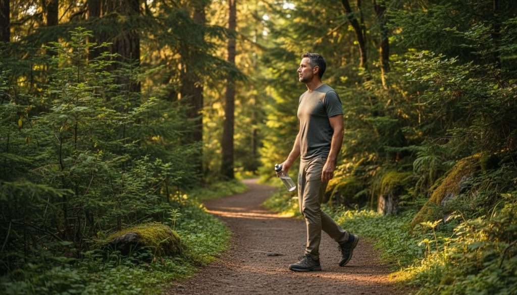 Ultra Bann A man in his 40s walks attentively along a lush green forest trail, carrying a water bottle in hand, captured in dynamic