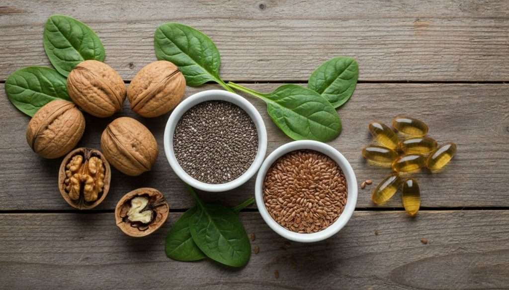 Assortment of plant-based omega-3 sources including chia seeds, flaxseeds, walnuts, and algae oil capsules arranged
