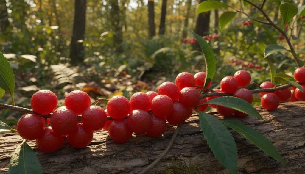 Ultra Bann Schisandra berries on a wooden surface in a natural forest setting, close-up composition with soft morning light