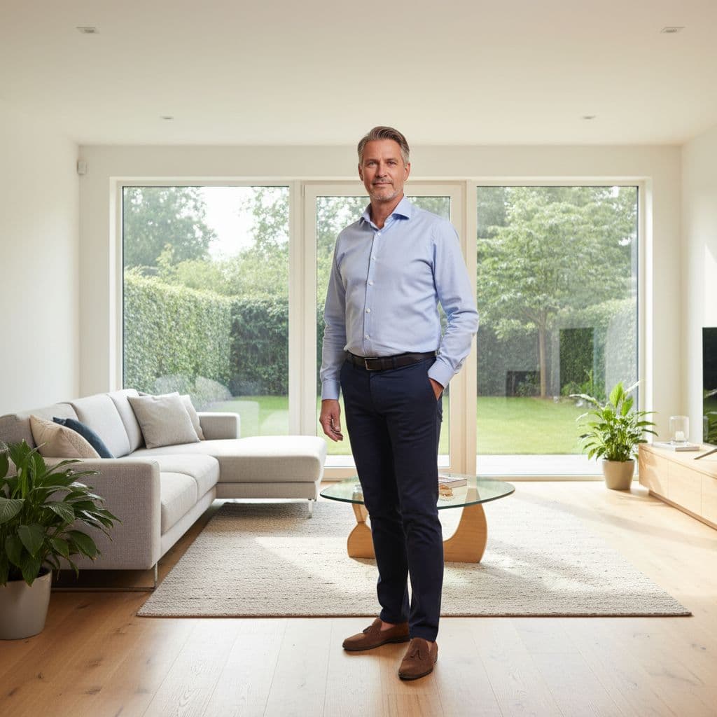 Ultra Bann Middle-aged man stands calmly in bright modern living room with large windows and morning sunlight