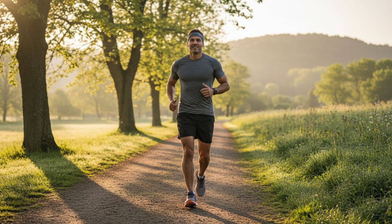 Fit man in athletic gear jogs on scenic park path in soft morning sunlight.