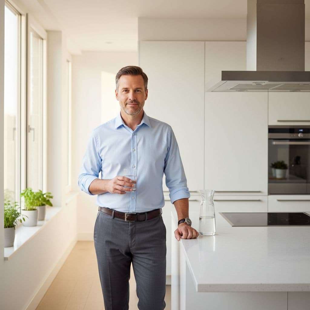A man in his 40s stands in a sunlit modern kitchen holding a glass of water.
