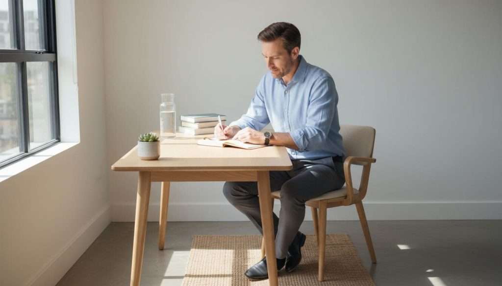 A man in his forties writes in a notebook at a clean wooden desk