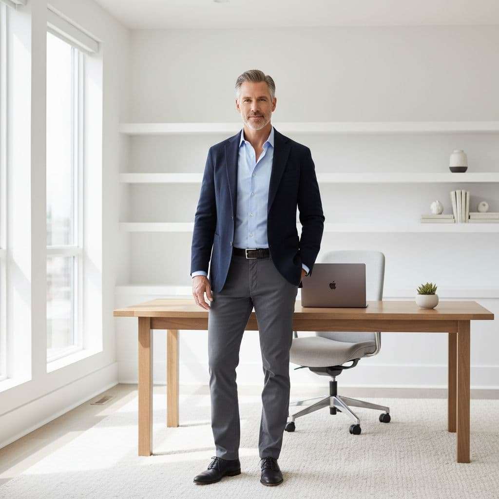 Ultra Bann A confident man in his forties stands in a bright, minimalist home office bathed in natural light