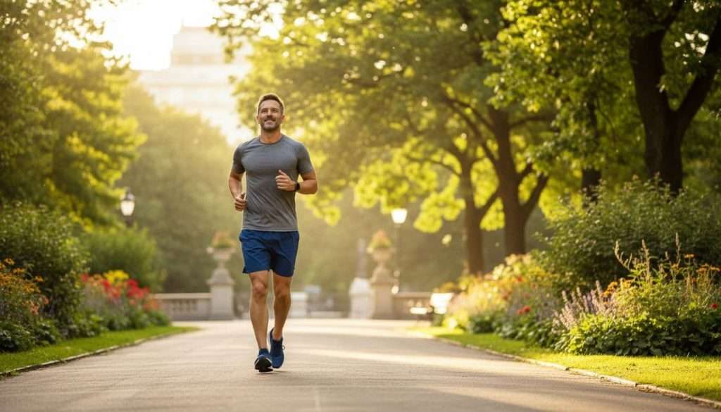 Ultra Bann A focused man in athletic wear jogs lightly through a vibrant, tree-lined city park