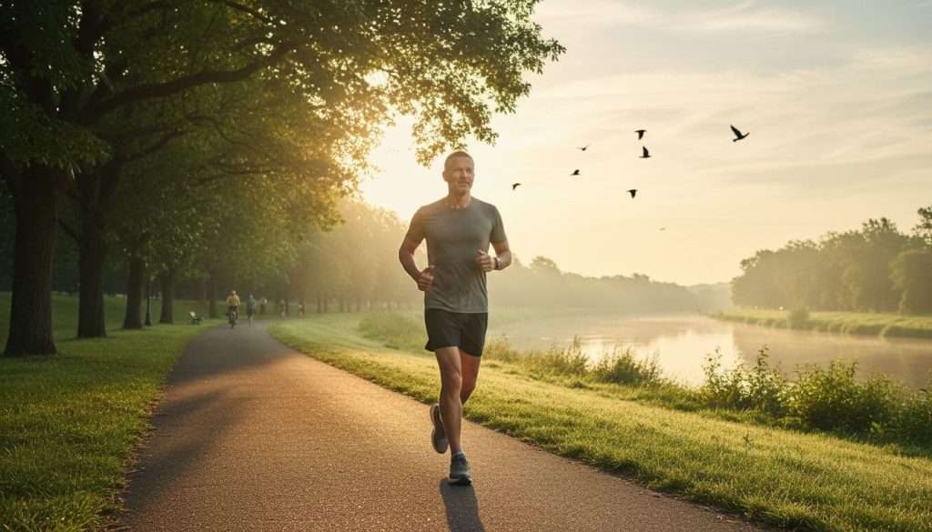 Ultra Bann A fit middle-aged man jogs along a scenic park trail during a vibrant sunrise