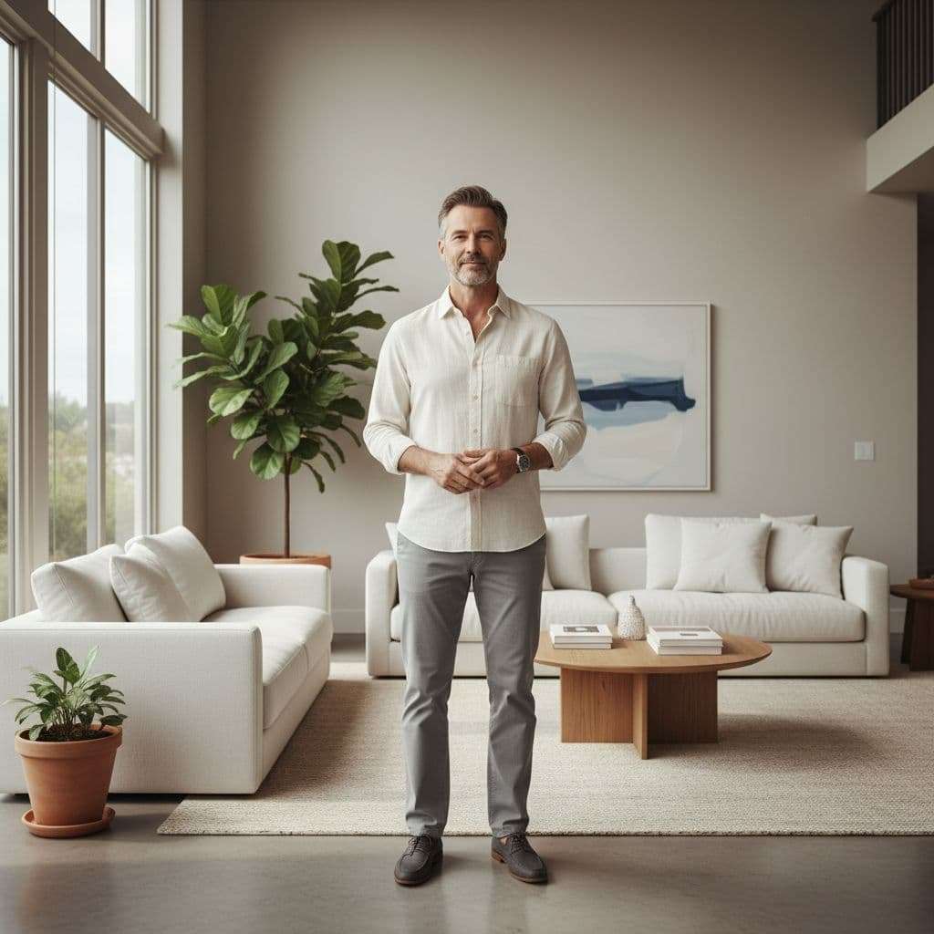 A calm middle-aged man stands in a minimalist, sunlit living room looking confident