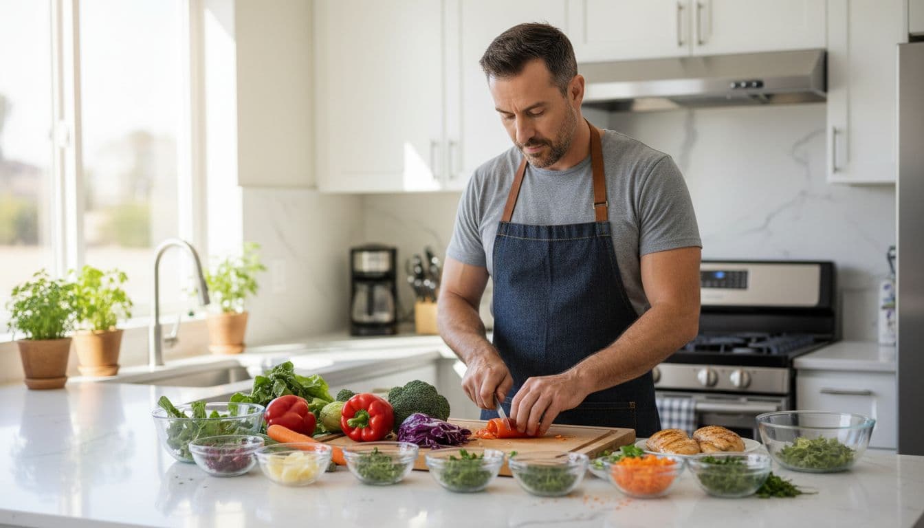 Man in his 40s chops fresh vegetables and lean proteins in sunlit kitchen.