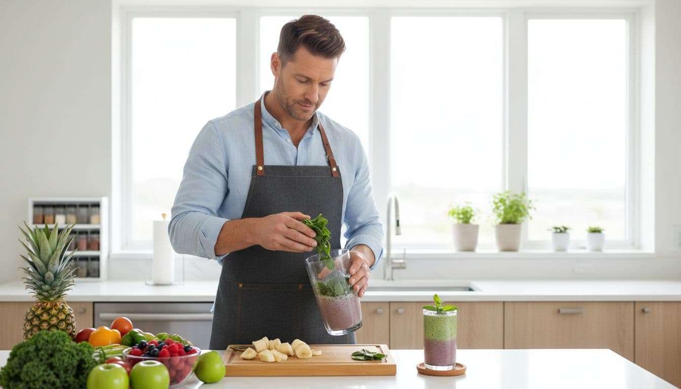 A man in his 40s prepares a fresh smoothie in a bright, modern kitchen.