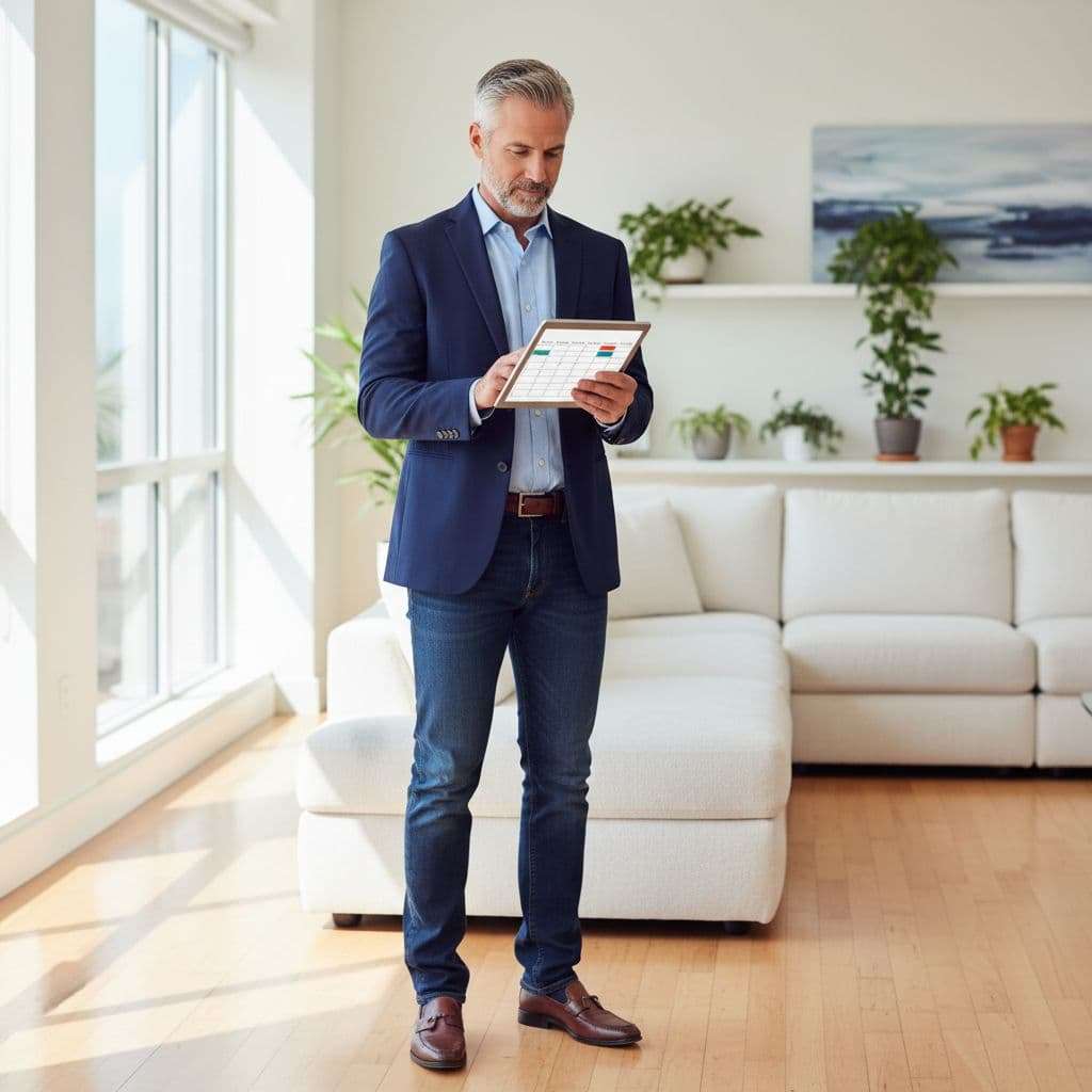 Ultra Bann A man in smart-casual clothing checks his digital schedule in a sunlit modern living room