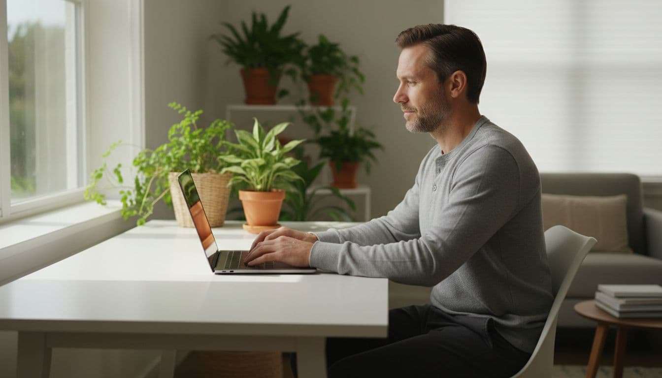 A focused man works at a clean desk in a sunlit home office with indoor plants.