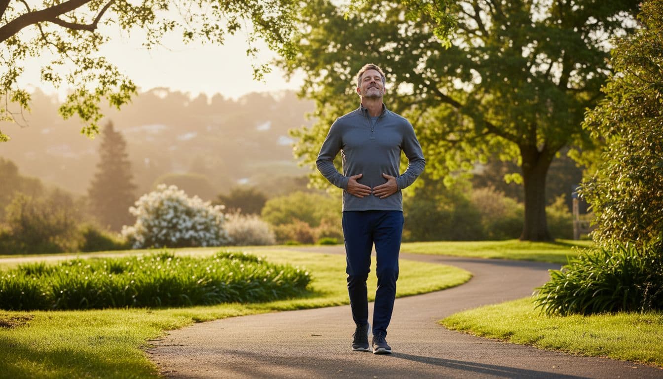 Ultra Bann Mature man in casual athletic wear walks park path at dawn, performing deep breathing amid trees.