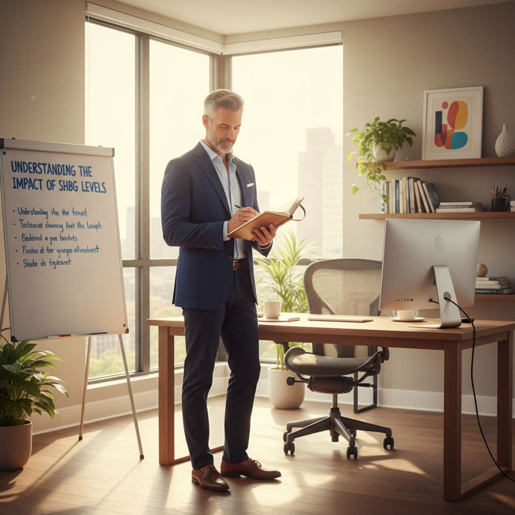Ultra Bann A man in his 40s stands in a modern sunlit home office, calmly reviewing a notebook