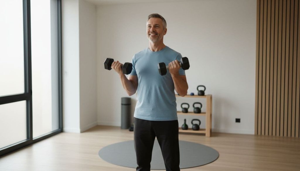 Ultra Bann Middle aged man home gym dumbbell workout