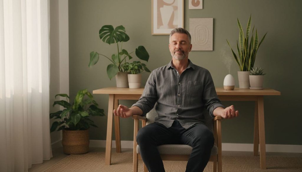 Ultra Bann Calm middle-aged man sits in modern office chair with eyes closed and hands on knees, lit by soft window light