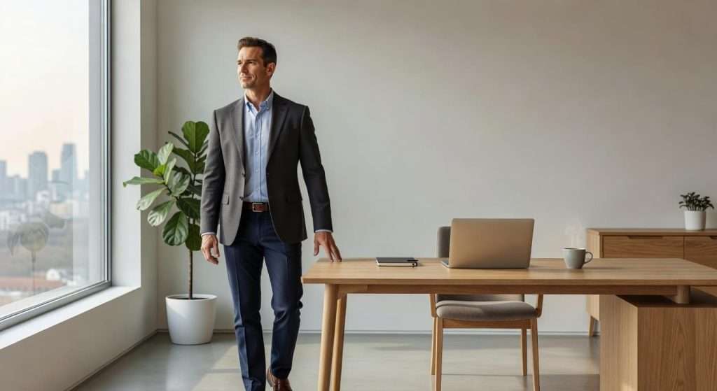 A man in his forties wears a smart-casual shirt while standing in a bright, minimalist home office