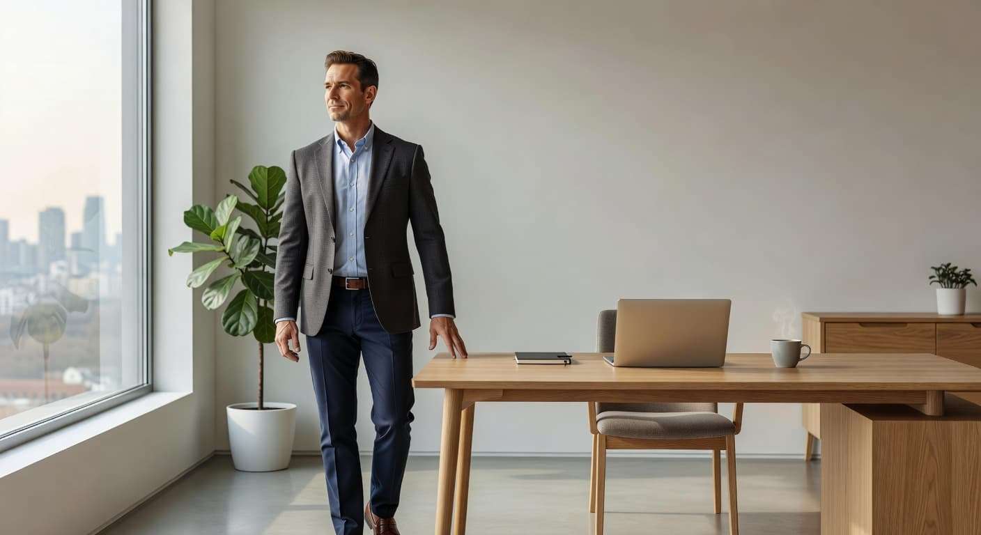 A man in his forties wears a smart-casual shirt while standing in a bright, minimalist home office. He looks thoughtfully toward a large window that floods the room with soft daylight.