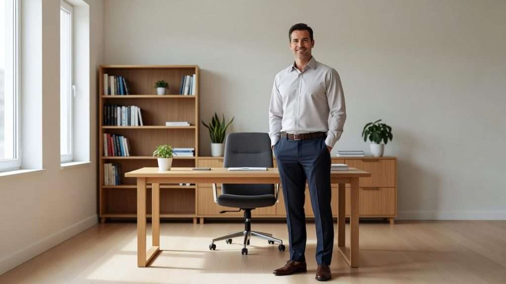 A well-rested man in his forties stands in a bright, modern office space wearing smart-casual clothing