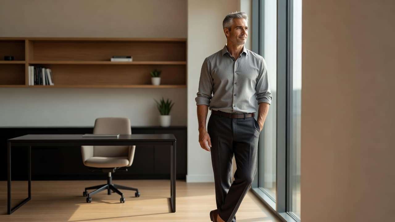 A man in his mid-forties wearing smart casual clothing stands in a bright, minimalist home office. He gazes thoughtfully out of a large window while bathed in warm, natural afternoon sunlight.