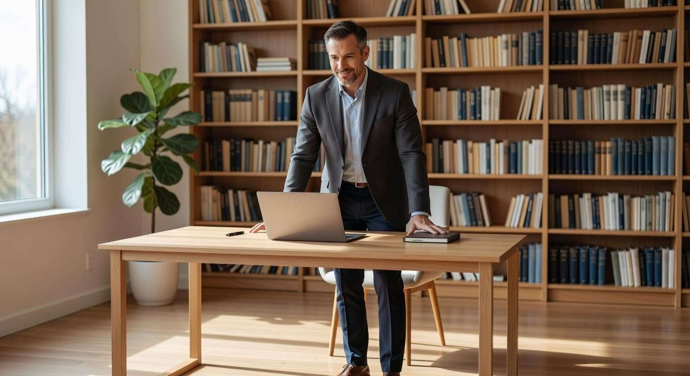 Ultra Bann A confident man in his forties stands in a bright, organized home office workspace. Minimalist desk furniture sits near a large window, bathed in soft, natural morning sunlight during his routine.