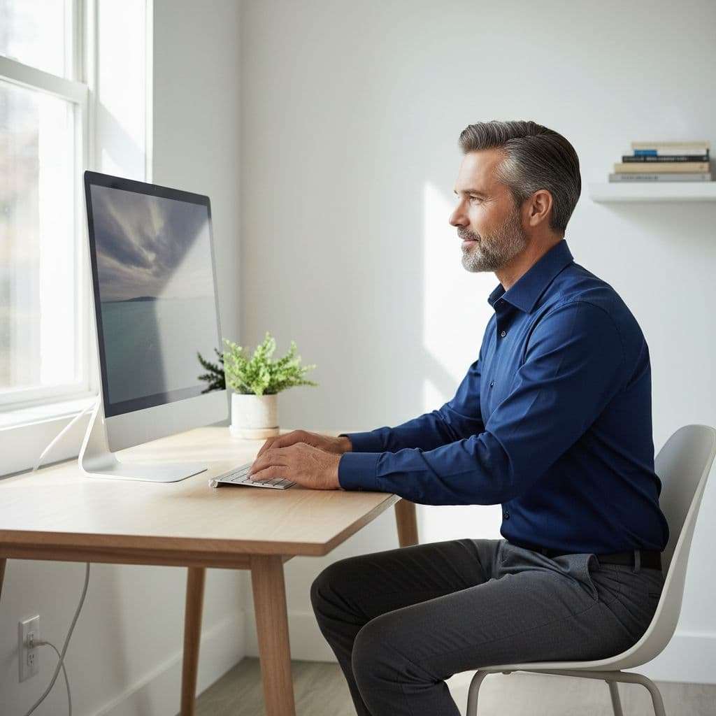 A man in his late forties sits at a minimalist desk inside a bright home office