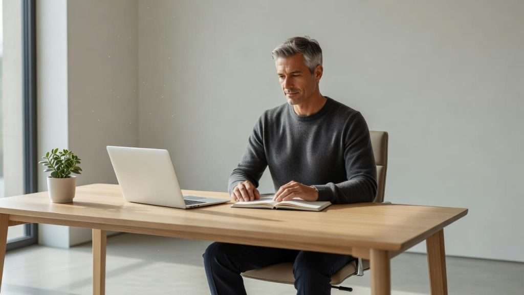 Ultra Bann A man in his late forties sits calmly at a minimalist desk inside a sunlit room