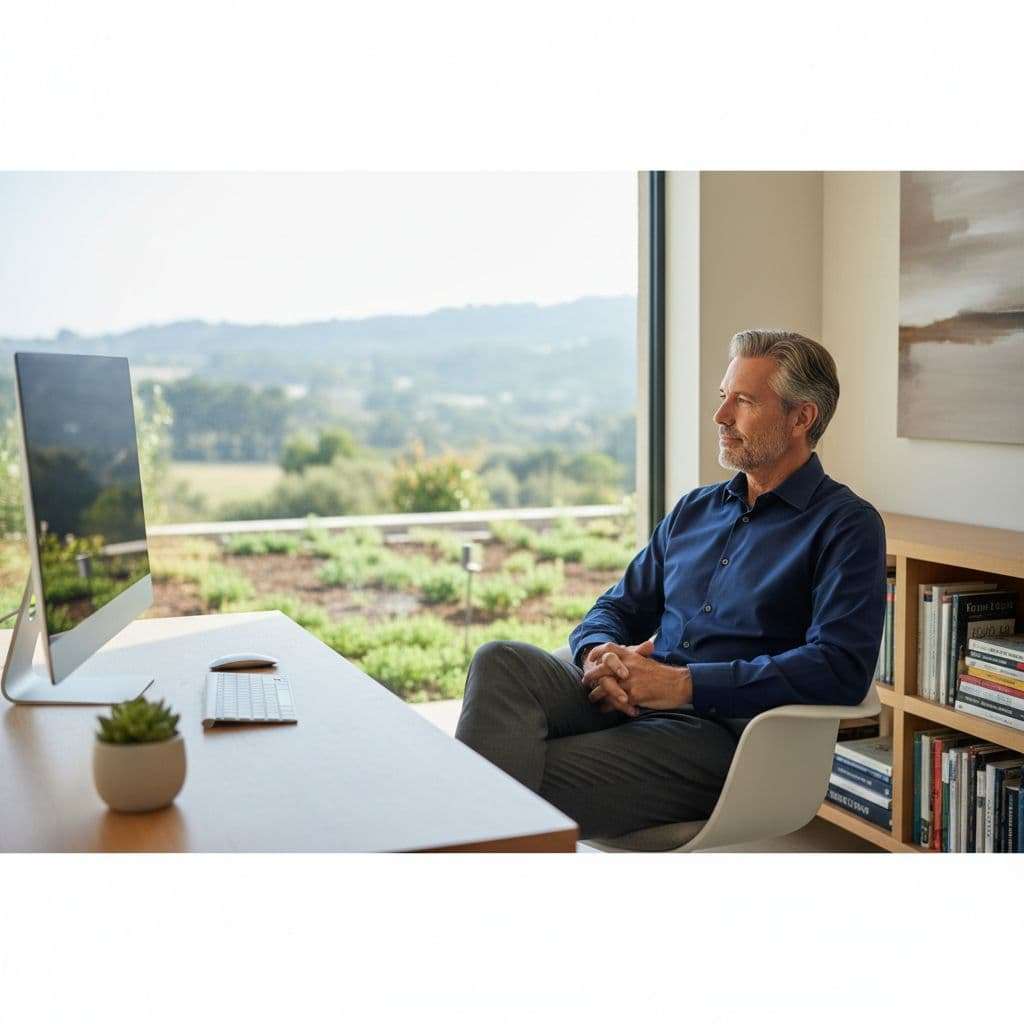 A man in his fifties sits at a clean desk within a brightly lit office, gazing calmly out a large window