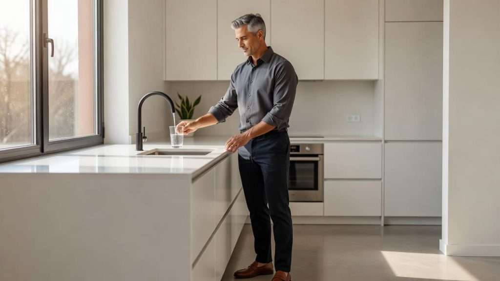 Ultra Bann A man in his forties stands in a bright, minimalist kitchen pouring a glass of water