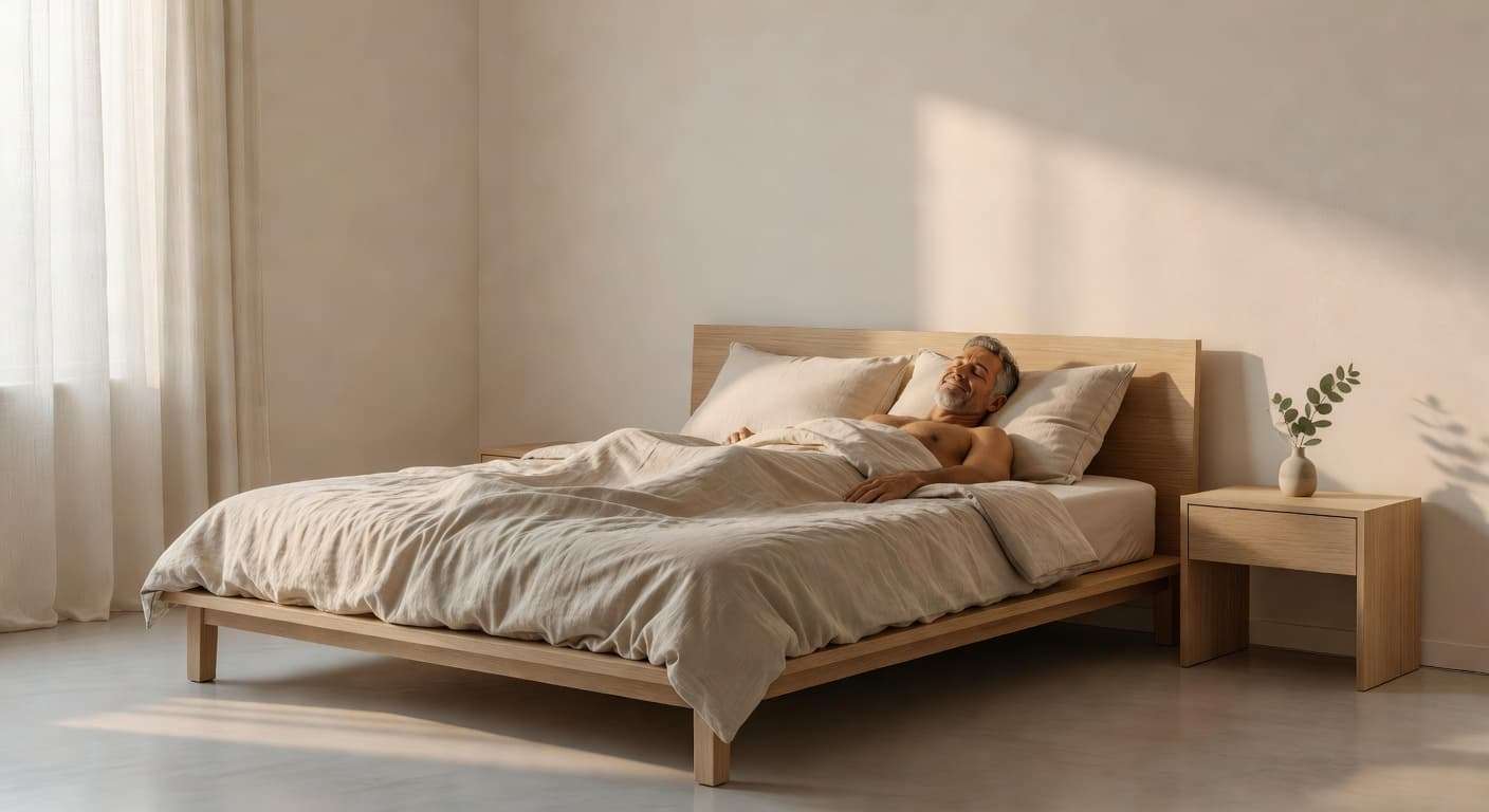 Ultra Bann A man in his forties sleeps soundly in a minimalist bedroom during the early morning. Soft sunlight flows over the neutral linens, emphasizing a peaceful atmosphere for rest and physical recovery.