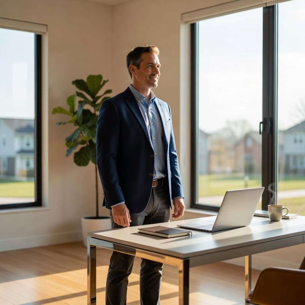 Ultra Bann A man in his forties stands beside a large window inside a bright home office