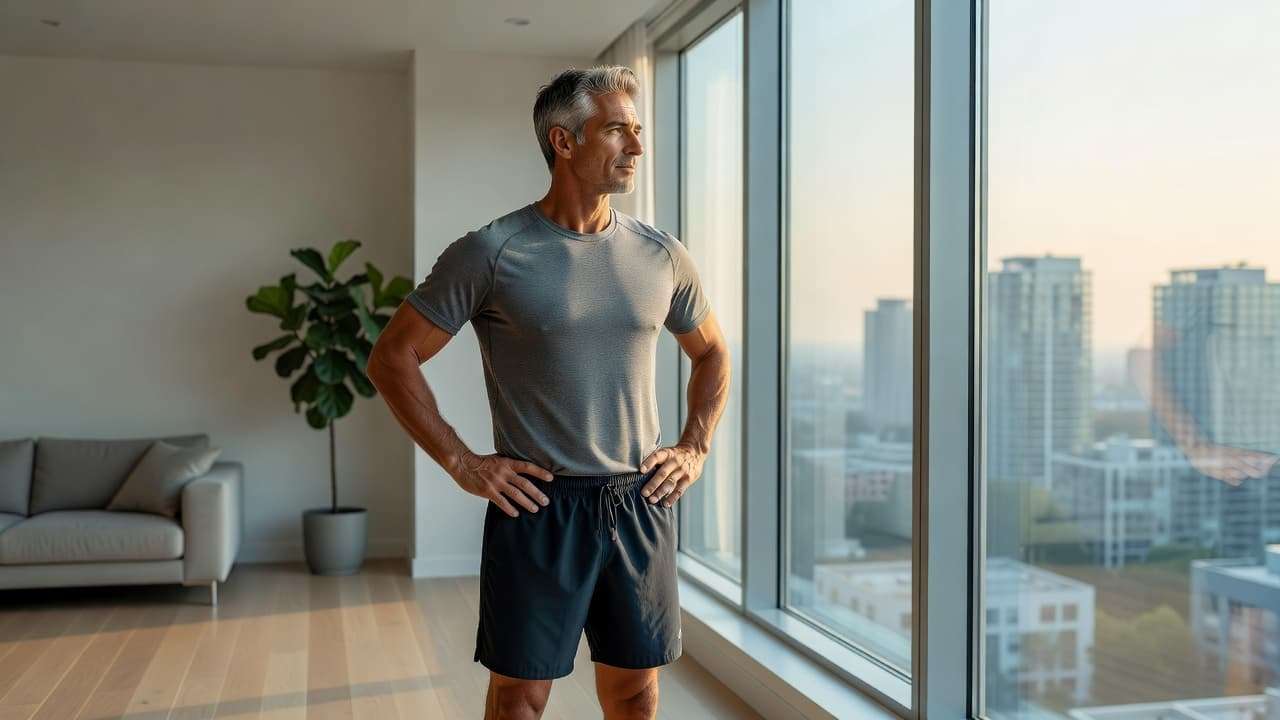 A man in athletic wear stands in a bright, modern living room while gazing out a large window. Soft morning sunlight illuminates the space and highlights his focused, calm expression.