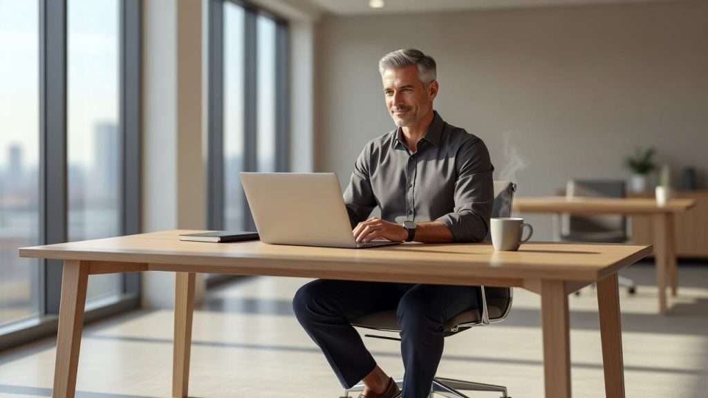 Ultra Bann A man in his forties sits at a tidy minimalist desk within a brightly lit office