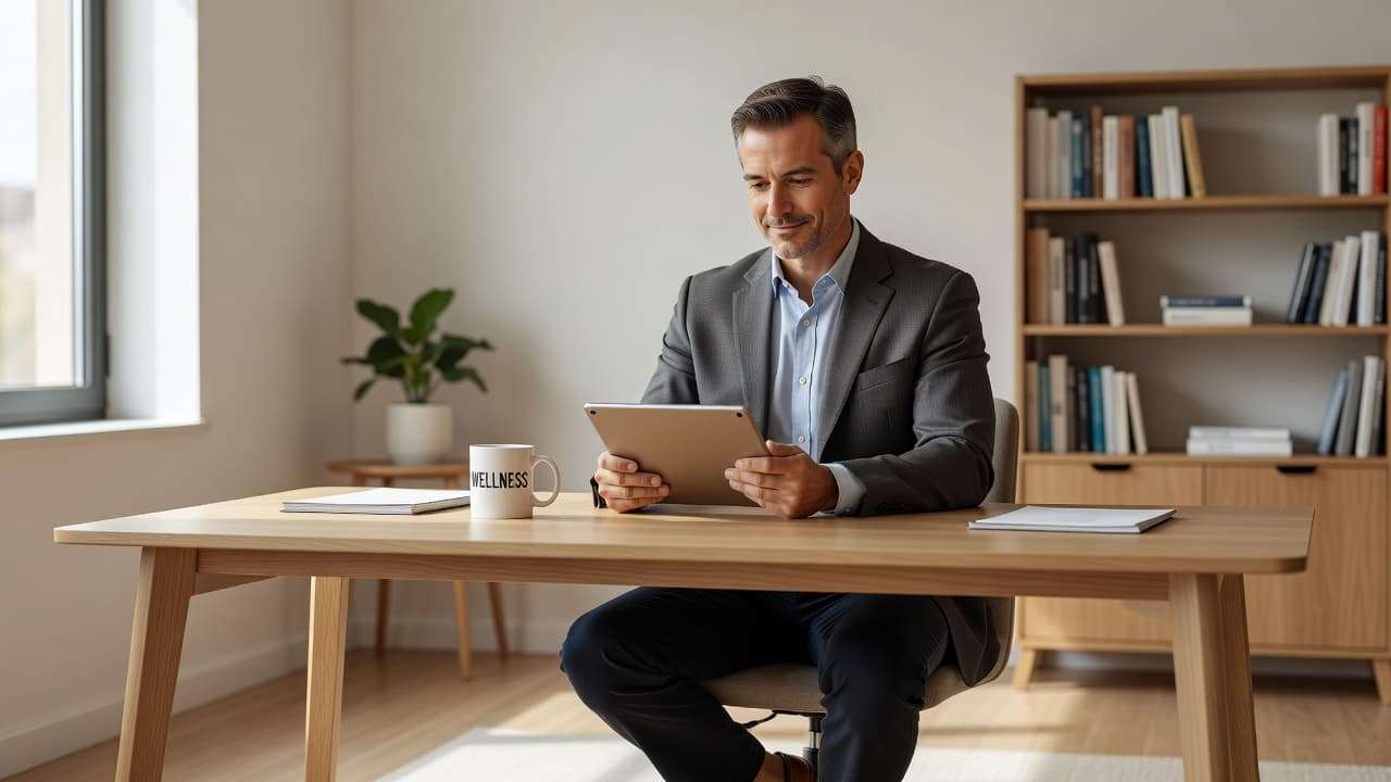 A middle-aged man in business attire sits in a bright office while analyzing health data on his tablet. The clean space features soft sunlight streaming across his desk and screen.