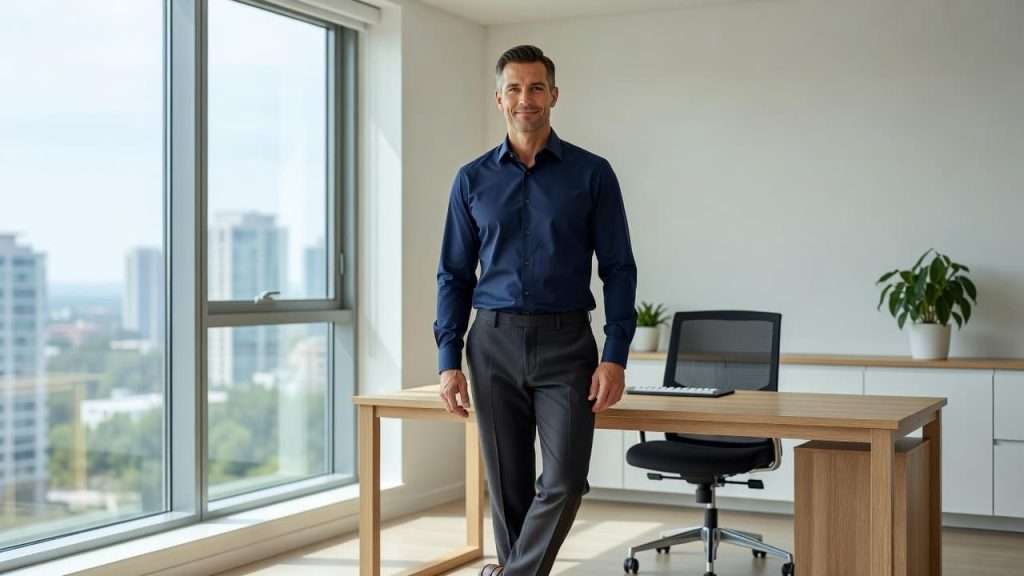 Ultra Bann A man in his forties stands inside a bright, modern home office space