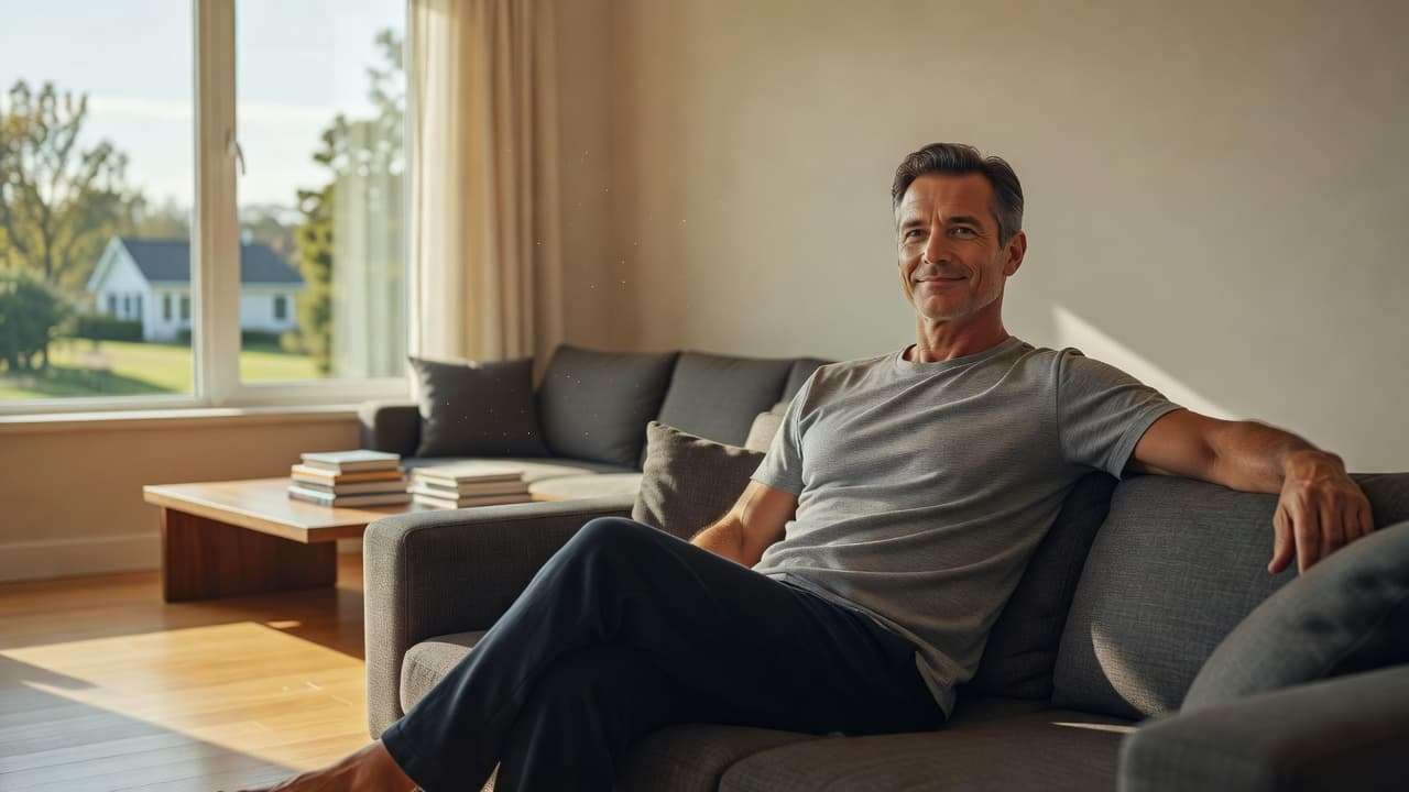 A middle-aged man sits comfortably on a plush gray sofa in a brightly lit living room. Soft natural sunlight illuminates his relaxed expression, emphasizing a look of vitality and wellness.