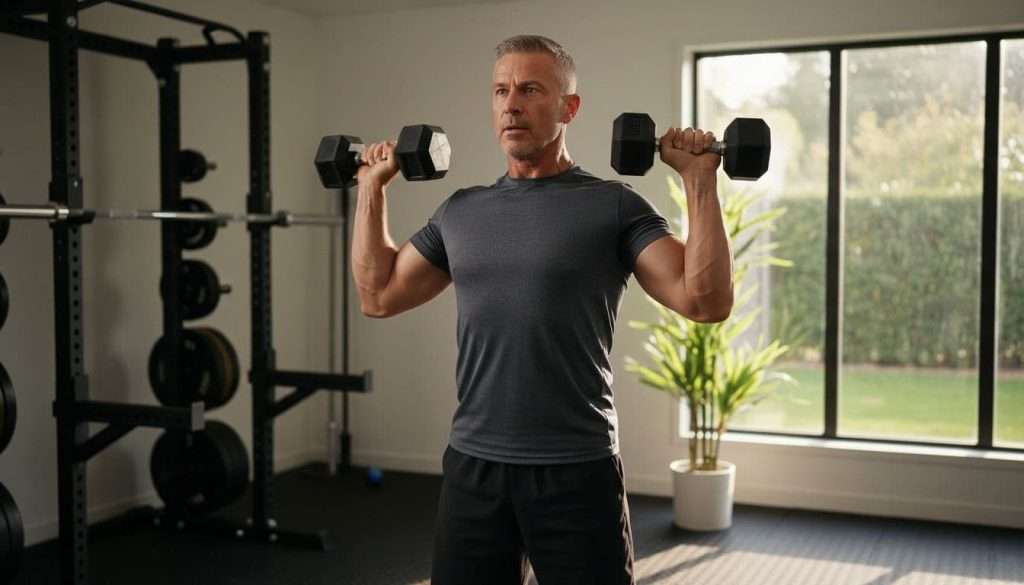 A fit man over 40 with short graying hair and athletic build performs a dumbbell shoulder press mid-rep in a modern home