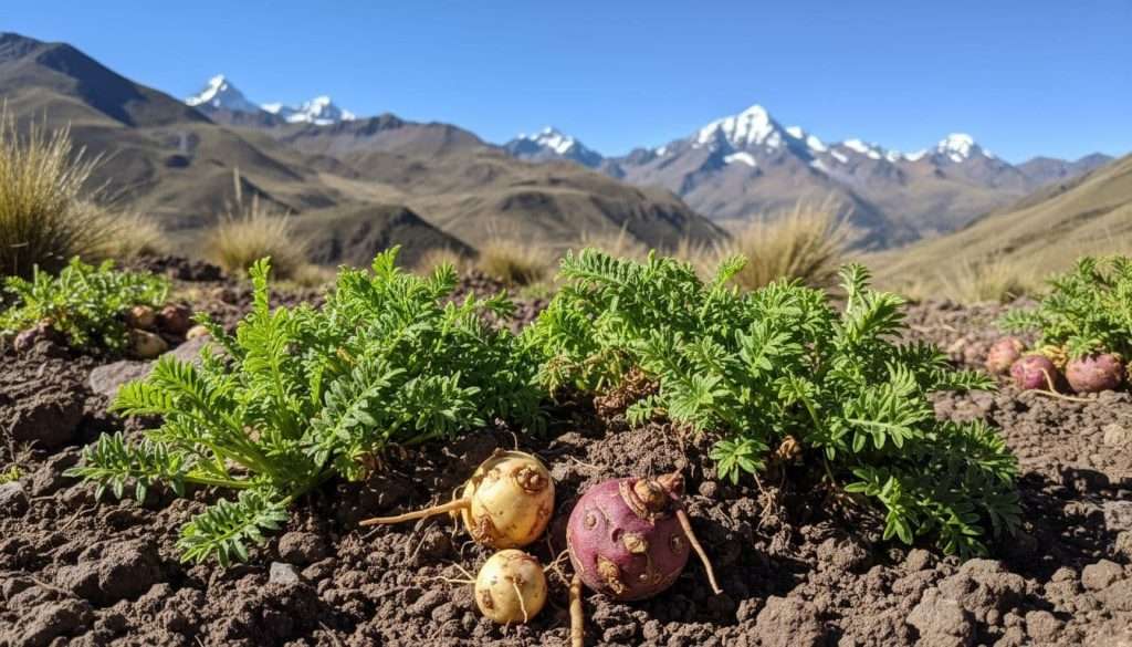 Maca root plants growing in high Andean mountain soil amid a rugged Peruvian landscape with distant snow-capped peaks