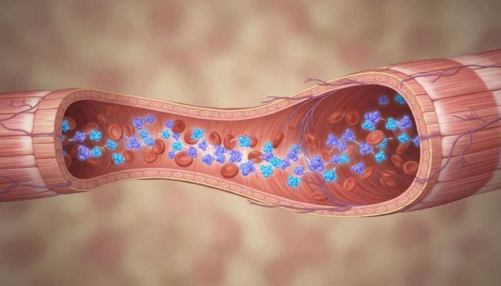 Ultra Bann Scientific illustration of nitric oxide molecules interacting with blood vessel walls to promote relaxation and improved