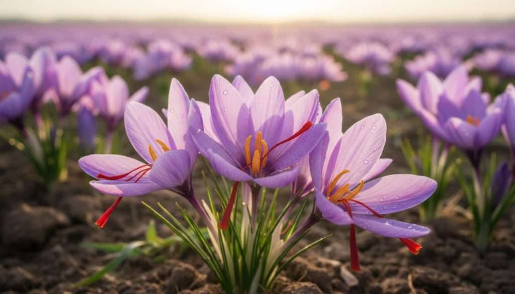 Ultra Bann Vibrant Crocus sativus saffron flowers bloom in a sunny field during harvest, with a close-up on the red stigmas