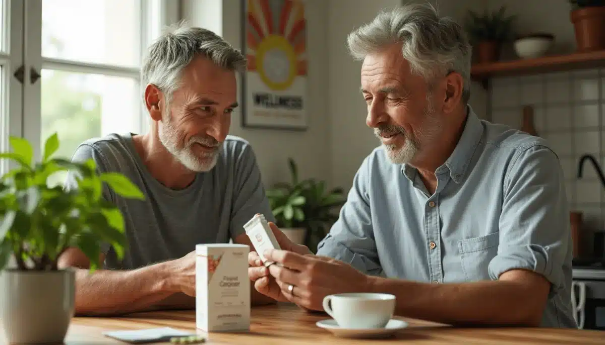 Ultra Bann Two men discuss herbal blends over coffee with branded supplement box visible.