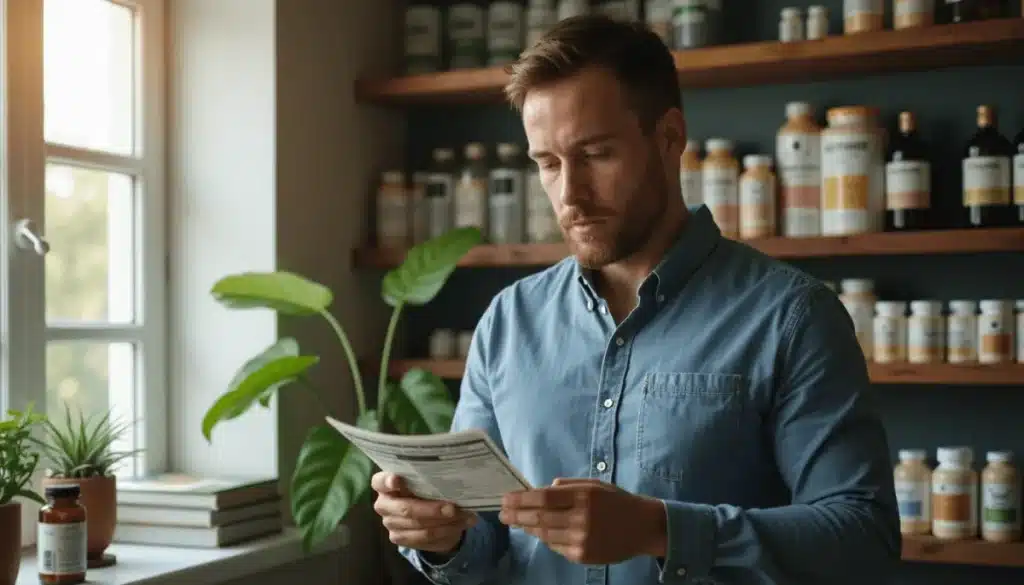 Ultra Bann Man carefully reads herbal blend supplement label on organized home shelf