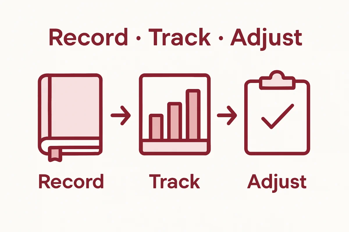 Infographic with journal, progress chart, adjustment steps