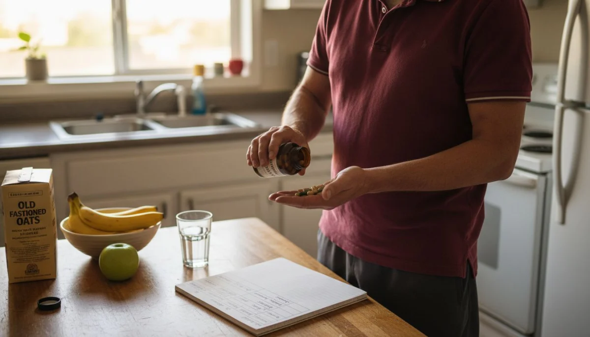 Man preparing natural supplements at kitchen table