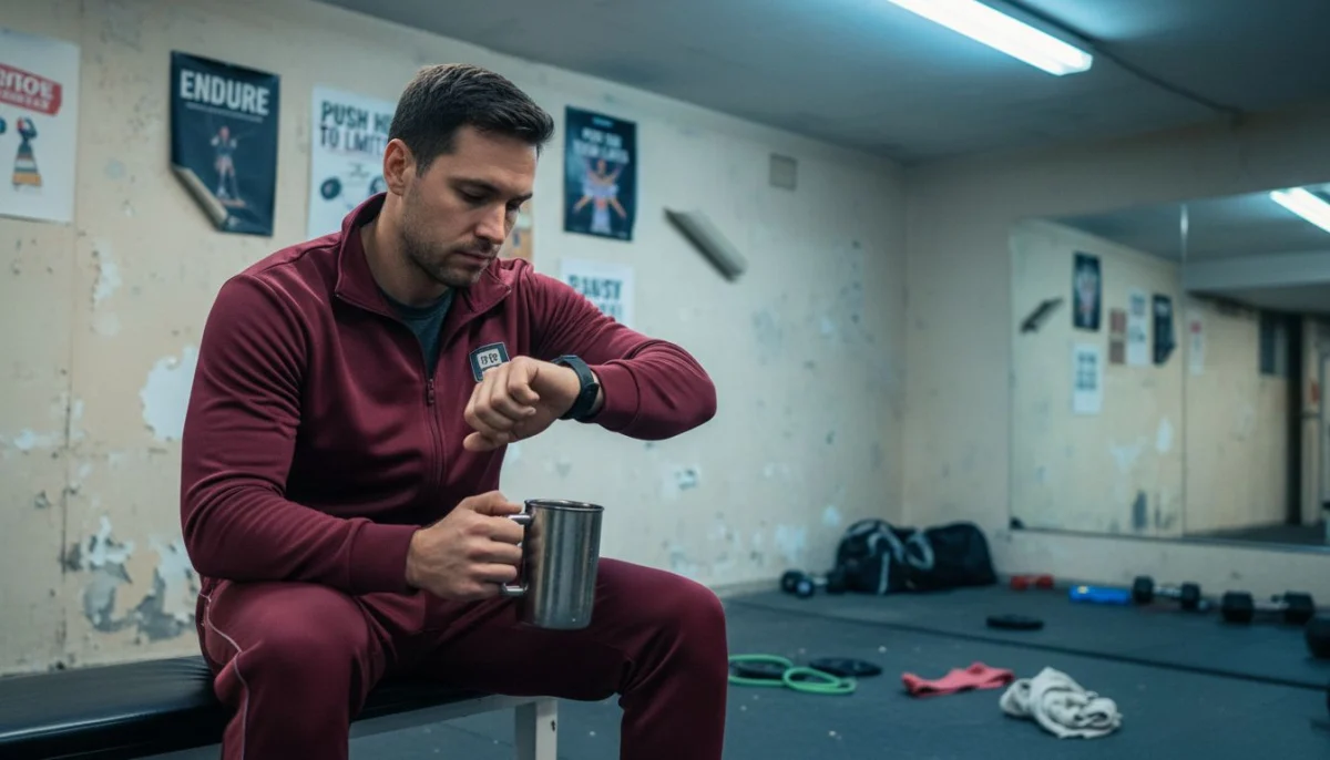 Male athlete in gym with coffee mug