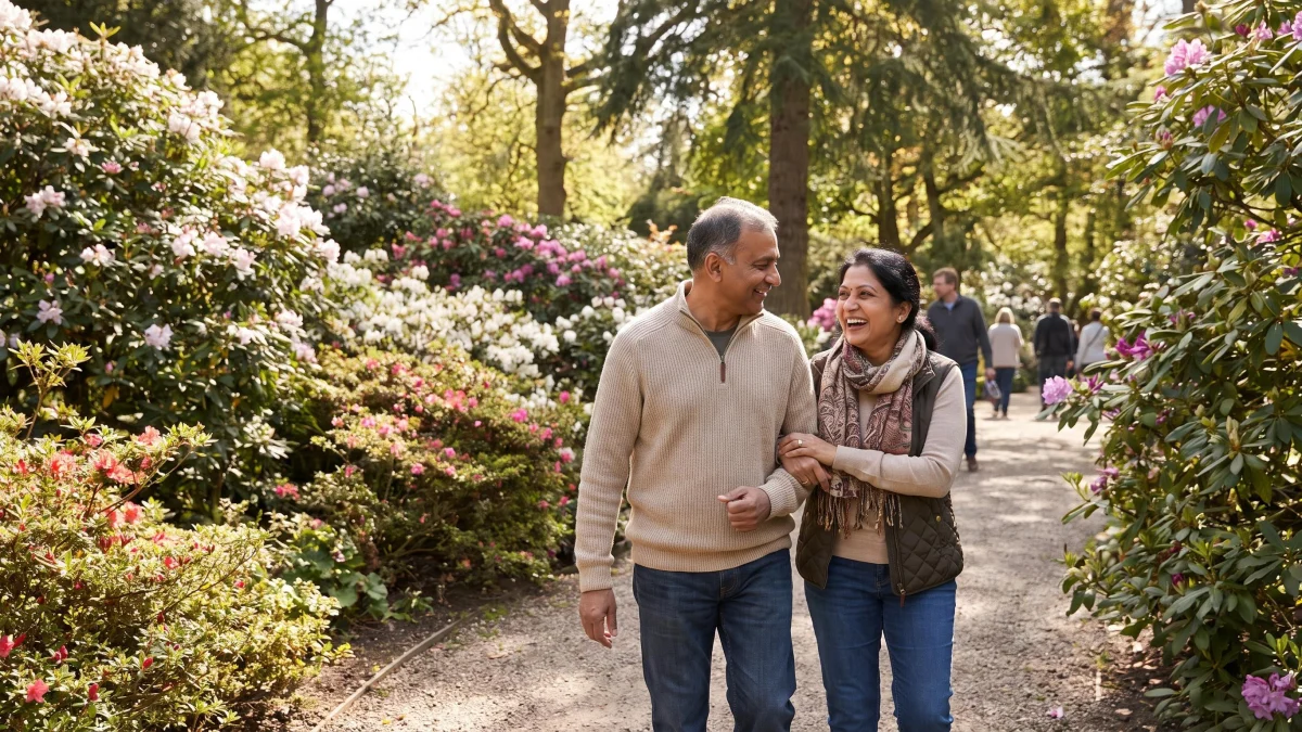 South Asian couple in their fifties walking arm in arm in a botanical garden